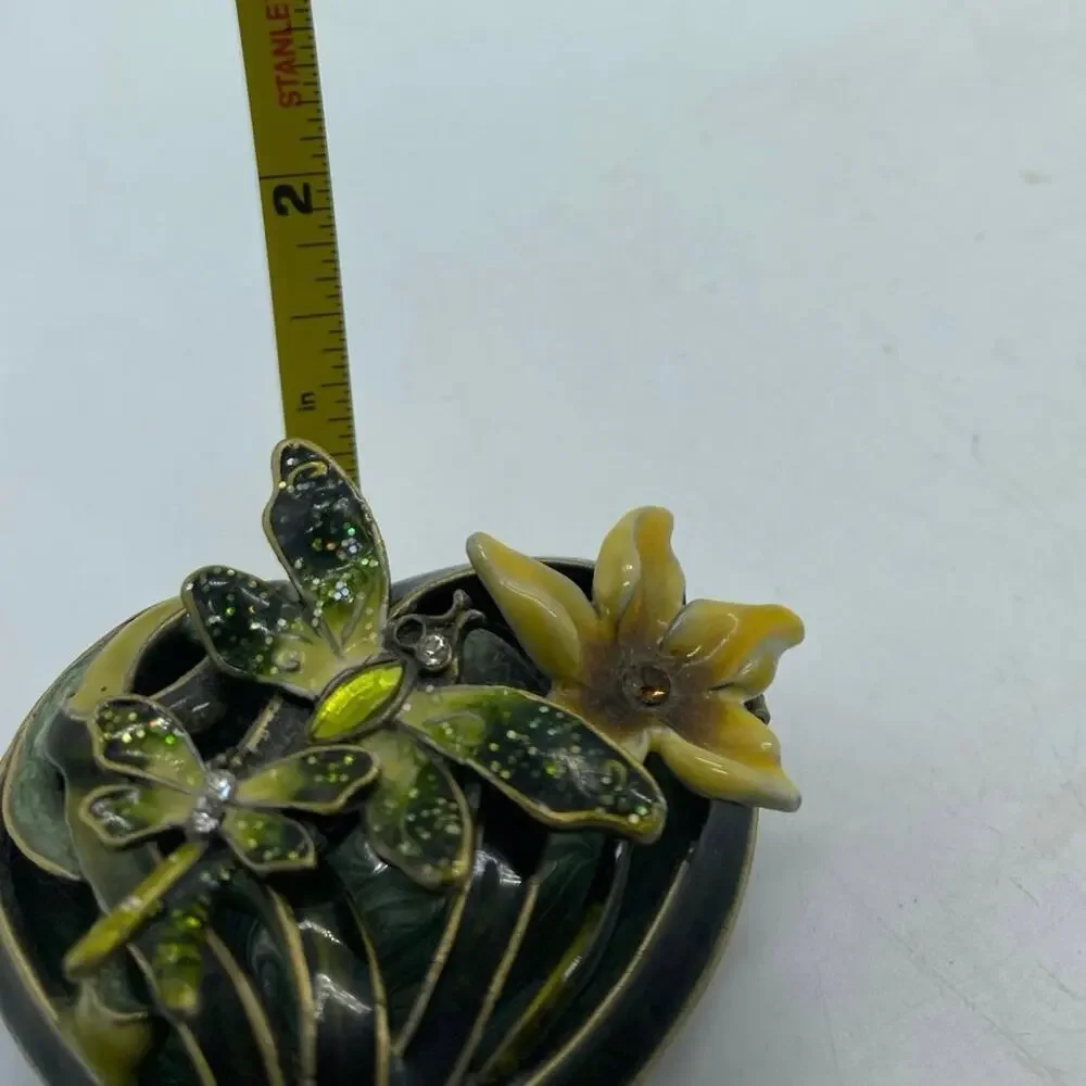 Green Heart‎ Shaped Trinket Box Dragonflies and Flower Enameled Rhinestones